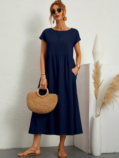Robe Midi Fluide à Manches Courtes