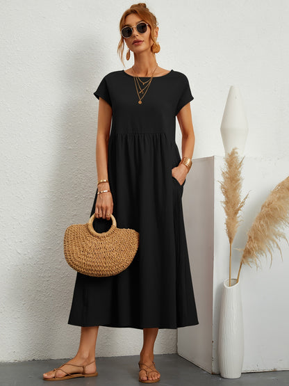 Robe Midi Fluide à Manches Courtes