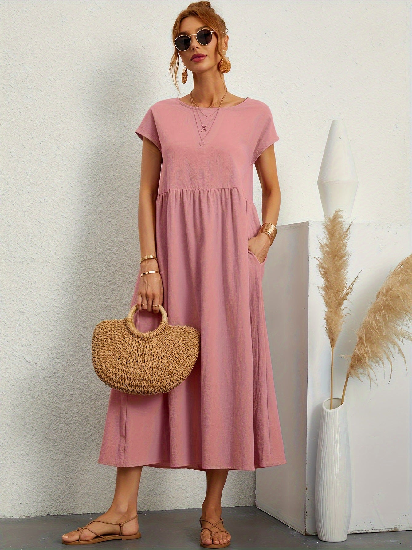 Robe Midi Fluide à Manches Courtes