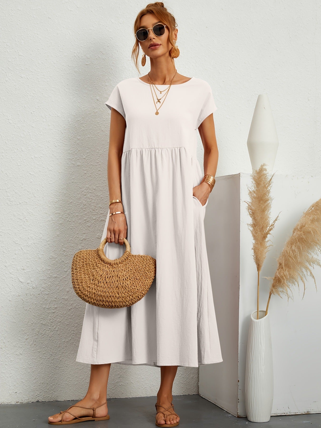 Robe Midi Fluide à Manches Courtes