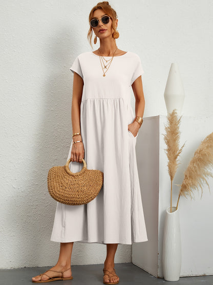 Robe Midi Fluide à Manches Courtes